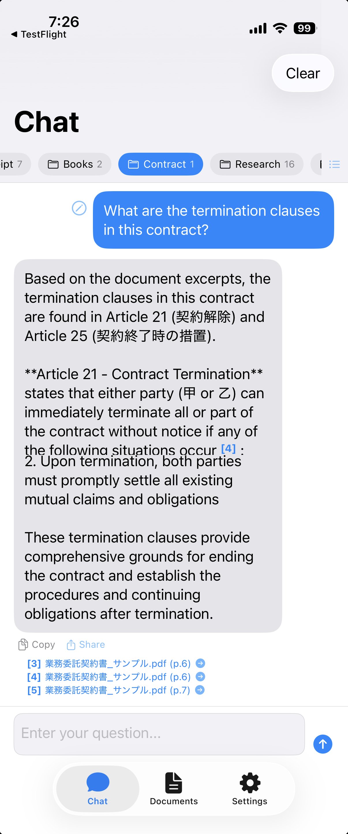 LocalRAG! chat answer with source citations