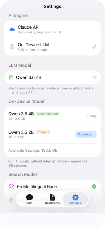 LocalRAG! AI mode selection screen showing on-device option